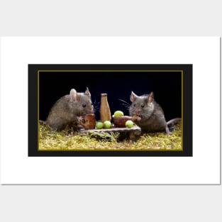 George the mouse in a log pile house . two wild mice having dinner Posters and Art